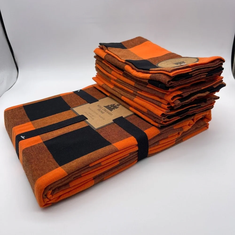 Well Dressed Home Fall Black & Orange‎ Plaid Tablecloth and 12 Napkins Set